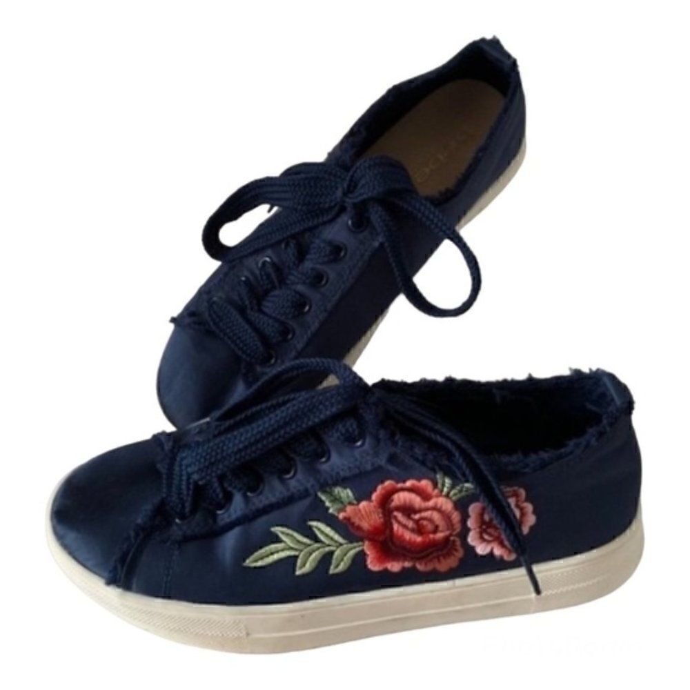 Bebe Sport Blue Satin Embroidered Flower Sneakers size 8.5